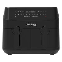 1 x RAW Customer Returns Devology Double Air Fryer, 9L, 2x4.5L Dual Zone, Air Fryer, 50 Recipe Cookbook, 12 Cooking Programs, Digital LED Display, Two Zone Airfryer,Healthy Oil-free Fryer, Non Stick, Dishwasher Safe Appliance - RRP £79.99