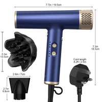 1 x RAW Customer Returns YAPOY Professional Hair Dryer with Diffuser Fast Drying 200 Million Ionic Blow Dryer with 110, 000 RPM High-Speed No Heat Damage Intelligent Thermo-Control Low Noise - Blue - RRP £79.99