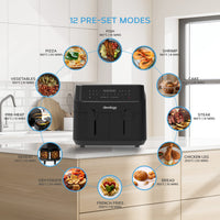 1 x RAW Customer Returns Devology Double Air Fryer, 9L, 2x4.5L Dual Zone, Air Fryer, 50 Recipe Cookbook, 12 Cooking Programs, Digital LED Display, Two Zone Airfryer,Healthy Oil-free Fryer, Non Stick, Dishwasher Safe Appliance - RRP £79.99