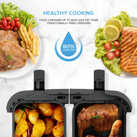 1 x RAW Customer Returns Devology Double Air Fryer, 9L, 2x4.5L Dual Zone, Air Fryer, 50 Recipe Cookbook, 12 Cooking Programs, Digital LED Display, Two Zone Airfryer,Healthy Oil-free Fryer, Non Stick, Dishwasher Safe Appliance - RRP £79.99