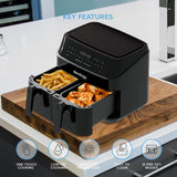 1 x RAW Customer Returns Devology Double Air Fryer, 9L, 2x4.5L Dual Zone, Air Fryer, 50 Recipe Cookbook, 12 Cooking Programs, Digital LED Display, Two Zone Airfryer,Healthy Oil-free Fryer, Non Stick, Dishwasher Safe Appliance - RRP £79.99